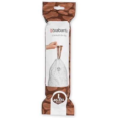 Brabantia PerfectFit Bin Liners (Size L/40-45 Litre) Thick Plastic Trash Bags with Tie Tape Drawstring Handles (10 Bags) Brabantia PerfectFit Bin Liners (Size L/40-45 Litre) Thick Plastic Trash Bags with Tie Tape Drawstring Handles (10 Bags)
