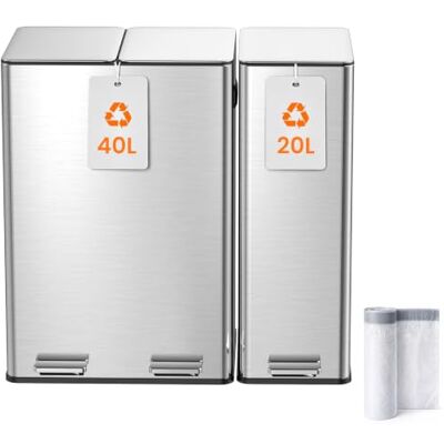 YEAUPE PRO Kitchen Bin,40L Double Bin+20L Single Bin,Tall Slim 60L Stainless Steel Pedal Bin,Dual Bin Rubbish Recycling with Soft-Close Lids and Inner Buckets,Odour Seal,Trash Can for Narrow Space,Classic Silver YEAUPE PRO Kitchen Bin,40L Double Bin+20L Single Bin,Tall Slim 60L Stainless Steel Pedal Bin,Dual Bin Rubbish Recycling with Soft-Close Lids and Inner Buckets,Odour Seal,Trash Can for Narrow Space,Classic Silver