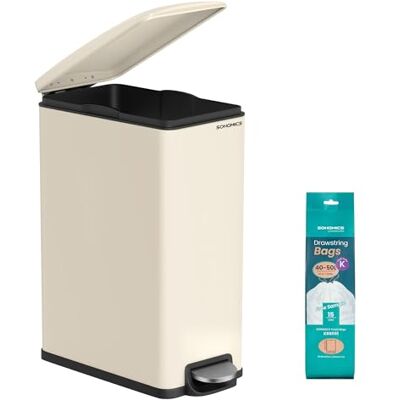 SONGMICS Kitchen Bin, 12.7-Gallon (48 L) Slim Pedal Bin for Narrow Spaces, Rubbish and Waste Bin with Soft-Close Lid and Inner Bucket, Steel, 15 Rubbish Bags Included, Sand Beige LTB510A02 SONGMICS Kitchen Bin, 12.7-Gallon (48 L) Slim Pedal Bin for Narrow Spaces, Rubbish and Waste Bin with Soft-Close Lid and Inner Bucket, Steel, 15 Rubbish Bags Included, Sand Beige LTB510A02