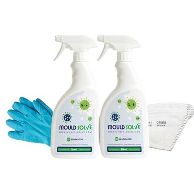 Mould Solve Essential Response Box Mold Treatment and Safety Kit. 2 × 750ml Mould Cleaner & Eradicator Sprays, FFP3 Mask, Gloves. Mould Solve Essential Response Box Mold Treatment and Safety Kit. 2 × 750ml Mould Cleaner & Eradicator Sprays, FFP3 Mask, Gloves.