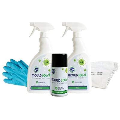 Mould Solve Advanced Initial Response Box Complete Mould Treatment and Safety Kit. Includes: 2 × 750ml Mould Cleaner & Eradicator Sprays, 1 × Air Sanitiser Aerosols, FFP3 Mask, Gloves. Mould Solve Advanced Initial Response Box Complete Mould Treatment and Safety Kit. Includes: 2 × 750ml Mould Cleaner & Eradicator Sprays, 1 × Air Sanitiser Aerosols, FFP3 Mask, Gloves.