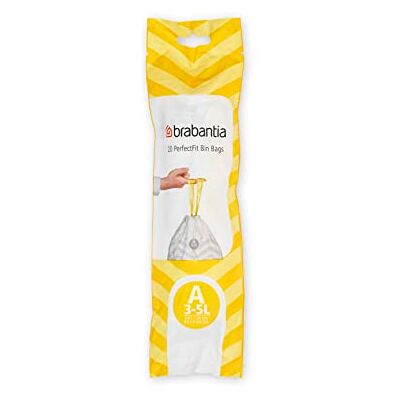 Brabantia IdealFit Bin Liners (Size A/3 Litre) Ideal Quality Thick Plastic Trash Bags with Tie Tape Drawstring Handles (20 Bags), White Brabantia IdealFit Bin Liners (Size A/3 Litre) Ideal Quality Thick Plastic Trash Bags with Tie Tape Drawstring Handles (20 Bags), White