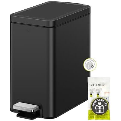 EKO Small Bathroom Trash Can with Lid Soft Close, Step Pedal, 6 Liter / 1.6 Gallon Stainless Steel Garbage Can with Removable Inner Bucket, Anti-Fingerprint Finish (Matte Black) EKO Small Bathroom Trash Can with Lid Soft Close, Step Pedal, 6 Liter / 1.6 Gallon Stainless Steel Garbage Can with Removable Inner Bucket, Anti-Fingerprint Finish (Matte Black)