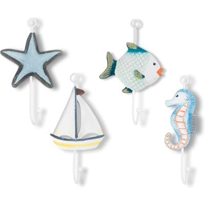 KYIEN Set of 4 Beach Towel Hanger Nautical Hooks for Wall Bathroom Coastal Decorative Starfish Sailboat Fish Seahorse Holders and Rack for Coat Clothes for Key Purse KYIEN Set of 4 Beach Towel Hanger Nautical Hooks for Wall Bathroom Coastal Decorative Starfish Sailboat Fish Seahorse Holders and Rack for Coat Clothes for Key Purse