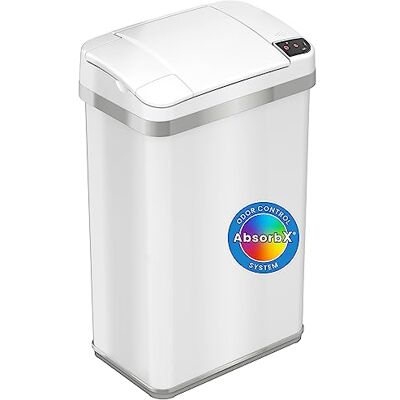 iTouchless 15 Litre Sensor Dustbin with AbsorbX Odour Filter, Touchless Automatic White Stainless Steel Waste Bin, Dimensions: 6.95" L x 10.3" W x 17.9" H (23.7" H with lid open) iTouchless 15 Litre Sensor Dustbin with AbsorbX Odour Filter, Touchless Automatic White Stainless Steel Waste Bin, Dimensions: 6.95" L x 10.3" W x 17.9" H (23.7" H with lid open)