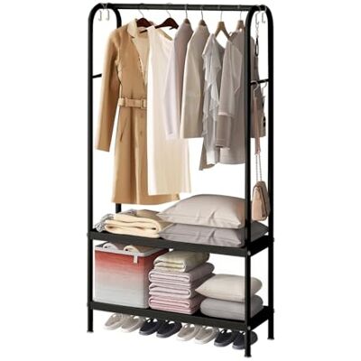 Zstar Metal Clothes Rack for Hanging Clothes, Freestanding Clothes Rack with 2-Tier Shelves, 6 Hooks, Coat Stand for Shop, Bedroom, Dressing Room, 80 x 33 x 172 cm, Black Zstar Metal Clothes Rack for Hanging Clothes, Freestanding Clothes Rack with 2-Tier Shelves, 6 Hooks, Coat Stand for Shop, Bedroom, Dressing Room, 80 x 33 x 172 cm, Black