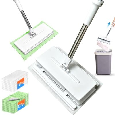 Overcomo Lazy Snap Grip Flat Sweeper Clip Mop Auto Clamp,24x Cleaning Pads 12 Washable Microfibre Pads&12 Disposable Wipes,360° Swivel,Wet Dry Multi Surface Floor Wall Cleaning Mop,Hands Free Release Overcomo Lazy Snap Grip Flat Sweeper Clip Mop Auto Clamp,24x Cleaning Pads 12 Washable Microfibre Pads&12 Disposable Wipes,360° Swivel,Wet Dry Multi Surface Floor Wall Cleaning Mop,Hands Free Release