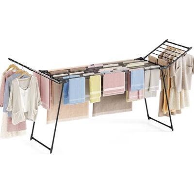 KINGRACK Foldable Metal Clothes Airer, Wing Clothes Drying Rack, Extendible 252 x 44 x 99cm, Laundry Drying Horse Rack with Non-Slip Feet for Indoor and Outdoor Use, Black KINGRACK Foldable Metal Clothes Airer, Wing Clothes Drying Rack, Extendible 252 x 44 x 99cm, Laundry Drying Horse Rack with Non-Slip Feet for Indoor and Outdoor Use, Black