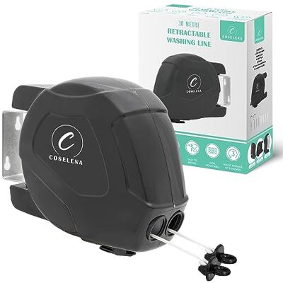 Coselena 30m Retractable Washing Line – Heavy-Duty Twin Clothes Line with Hook – Extendable Non-Slip Clothes Dryer for Indoor & Outdoor Use – Black Coselena 30m Retractable Washing Line – Heavy-Duty Twin Clothes Line with Hook – Extendable Non-Slip Clothes Dryer for Indoor & Outdoor Use – Black