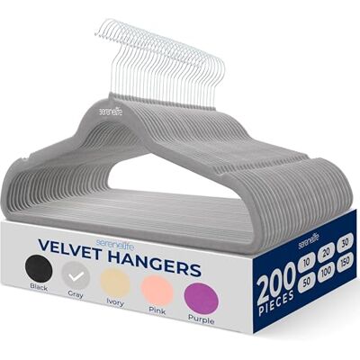 SereneLife 200 Pieces Velvet Hangers Space Saving Heavy Duty Slim Suit Clothes Hanger Set with 360 Degree Swivel Metal Hook, Can Hold Up to 4.5 kg. For Coats, Jackets, Pants & Dress (Gray) SereneLife 200 Pieces Velvet Hangers Space Saving Heavy Duty Slim Suit Clothes Hanger Set with 360 Degree Swivel Metal Hook, Can Hold Up to 4.5 kg. For Coats, Jackets, Pants & Dress (Gray)