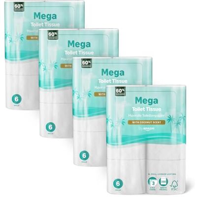 by Amazon Mega Toilet Roll, 3 ply, 24 Rolls, with Coconut Scent, 4 Packs of 6 Rolls, 330 Sheets per Roll by Amazon Mega Toilet Roll, 3 ply, 24 Rolls, with Coconut Scent, 4 Packs of 6 Rolls, 330 Sheets per Roll