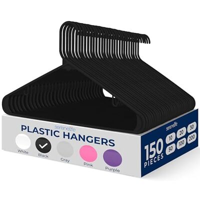 SereneLife Plastic Hangers 150 pcs, Non-Slip Heavy Duty Clothes Hanger Set with 360° Swivel Hook, Smooth Finish to Protect Fabric, Lightweight, Ultra-Thin Hangers for Coats and Other Clothes (Black) SereneLife Plastic Hangers 150 pcs, Non-Slip Heavy Duty Clothes Hanger Set with 360° Swivel Hook, Smooth Finish to Protect Fabric, Lightweight, Ultra-Thin Hangers for Coats and Other Clothes (Black)