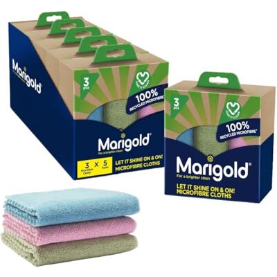 Marigold Let It Shine On and On Microfibre Cloths, Case Pack of 5 x 3Pk Cloths, 100% Recycled Microfibre Cleaning Cloths, Multifunctional Reusable Cloths for All Surfaces, Machine Washable Marigold Let It Shine On and On Microfibre Cloths, Case Pack of 5 x 3Pk Cloths, 100% Recycled Microfibre Cleaning Cloths, Multifunctional Reusable Cloths for All Surfaces, Machine Washable
