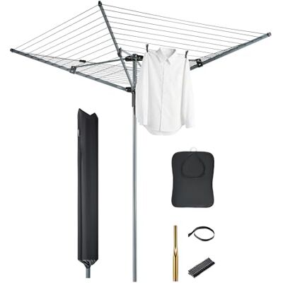 VonHaus 45m Rotary Washing Line – 4 Arm Outdoor Clothes Airer with Collapsible Umbrella System, 360° Rotary Airer, Line Tension Adjustment, 35mm Metal Ground Spike, Non-Slip Clothesline, Weatherproof VonHaus 45m Rotary Washing Line – 4 Arm Outdoor Clothes Airer with Collapsible Umbrella System, 360° Rotary Airer, Line Tension Adjustment, 35mm Metal Ground Spike, Non-Slip Clothesline, Weatherproof