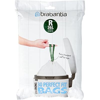 Brabantia PerfectFit Bin Liners (Size R/36 Litre) High Quality Thick Plastic Trash Bags with Tie Tape Drawstring Handles (30 Bags), White Brabantia PerfectFit Bin Liners (Size R/36 Litre) High Quality Thick Plastic Trash Bags with Tie Tape Drawstring Handles (30 Bags), White