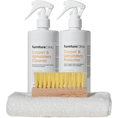 Furniture Clinic Fabric Care Kit Includes: 500ml Cleaner, 500ml Protector, Microfibre Cloth & Cleaning Brush for Use on Clothing, Carpet, Upholstery Works on All Fabric Types Furniture Clinic Fabric Care Kit Includes: 500ml Cleaner, 500ml Protector, Microfibre Cloth & Cleaning Brush for Use on Clothing, Carpet, Upholstery Works on All Fabric Types