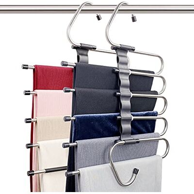 FeeraHozer Magic Pants Hangers Space Saving 2 Pack for Closet Multiple Layers Multifunctional Uses Rack Organizer for Trousers Scarves Slack (2 Pack with 10 Metal Clips) FeeraHozer Magic Pants Hangers Space Saving 2 Pack for Closet Multiple Layers Multifunctional Uses Rack Organizer for Trousers Scarves Slack (2 Pack with 10 Metal Clips)