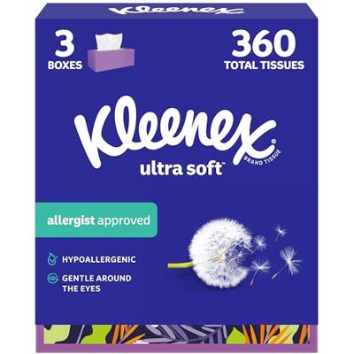 Kleenex Ultra Soft Facial Tissues, 3 Flat Boxes, 120 Tissues per Box, 3-Ply (360 Total Tissues), Packaging May Vary Kleenex Ultra Soft Facial Tissues, 3 Flat Boxes, 120 Tissues per Box, 3-Ply (360 Total Tissues), Packaging May Vary