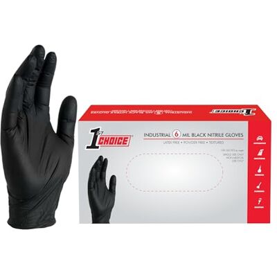 1st Choice Industrial 6 Mil Black Nitrile Gloves, Latex Free, Powder Free, Textured, Disposable, Non-Sterile, Size XLarge, Box of 100, 1PBNXLBX 1st Choice Industrial 6 Mil Black Nitrile Gloves, Latex Free, Powder Free, Textured, Disposable, Non-Sterile, Size XLarge, Box of 100, 1PBNXLBX