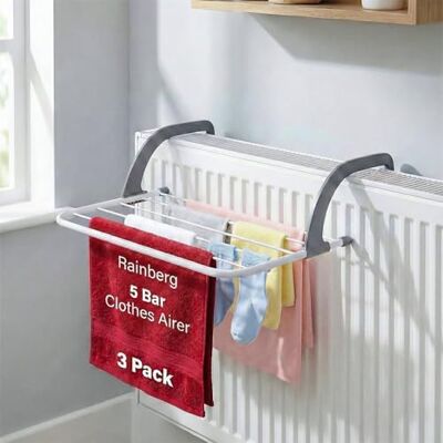Rainberg 5 Bar Radiator Clothes Airer Rack, Foldable Airer with Adjustable Arms, Laundry Dryers Clothes, Hanging Drying Rack (Pack of 3) Rainberg 5 Bar Radiator Clothes Airer Rack, Foldable Airer with Adjustable Arms, Laundry Dryers Clothes, Hanging Drying Rack (Pack of 3)