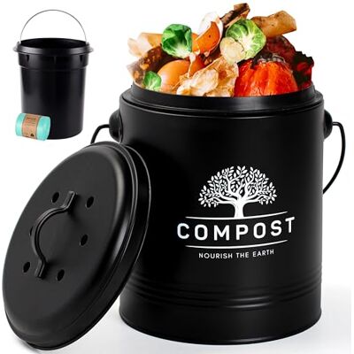 PERFNIQUE Kitchen Compost Bin 1.3 Gallon Countertop Compost Bucket with Lid, Includes Inner Liner and Carbon Filter (Black with Bags) PERFNIQUE Kitchen Compost Bin 1.3 Gallon Countertop Compost Bucket with Lid, Includes Inner Liner and Carbon Filter (Black with Bags)