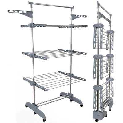 PORTENTUM Clothes airer drying rack – 5-Tier foldable to 14 cm with 58 hanger hooks – Up to 40 kg – horse-style dryer with 24 stainless-steel bars – Indoor and outdoor use – Swivel wheels with brake PORTENTUM Clothes airer drying rack – 5-Tier foldable to 14 cm with 58 hanger hooks – Up to 40 kg – horse-style dryer with 24 stainless-steel bars – Indoor and outdoor use – Swivel wheels with brake