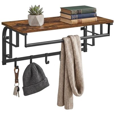 VASAGLE Coat Rack Wall-Mounted, Clothes Rail with 5 Removable Coat Hooks, Floating Shelf with Hanging Rail, for Hallway, Bedroom, Living Room, Rustic Brown and Black LCR12BX VASAGLE Coat Rack Wall-Mounted, Clothes Rail with 5 Removable Coat Hooks, Floating Shelf with Hanging Rail, for Hallway, Bedroom, Living Room, Rustic Brown and Black LCR12BX