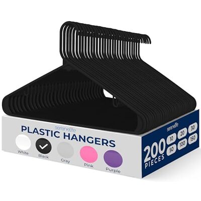 SereneLife Plastic Hangers 200 pcs, Non-Slip Heavy Duty Clothes Hanger Set with 360° Swivel Hook, Smooth Finish to Protect Fabric, Lightweight, Ultra-Thin Hangers for Coats and Other Clothes (Black) SereneLife Plastic Hangers 200 pcs, Non-Slip Heavy Duty Clothes Hanger Set with 360° Swivel Hook, Smooth Finish to Protect Fabric, Lightweight, Ultra-Thin Hangers for Coats and Other Clothes (Black)