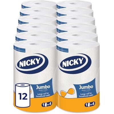 Nicky Jumbo Kitchen Towel 12 Pack of 2-Ply Kitchen Roll, 200 Sheets, Equivalent to 4 Standard Rolls, Long-Lasting and Absorbent Paper Towels for All Domestic Tasks, FSC Certified Paper Nicky Jumbo Kitchen Towel 12 Pack of 2-Ply Kitchen Roll, 200 Sheets, Equivalent to 4 Standard Rolls, Long-Lasting and Absorbent Paper Towels for All Domestic Tasks, FSC Certified Paper