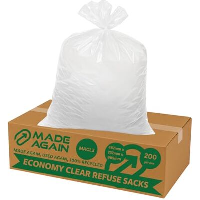 Made Again 200 Economy Clear Refuse Sacks, 100L, Bin Bags, MACL3, Multi Purpose Everday Use, For Household Garbage, Kitchen, Office, Large Liners, Recycled, Tear Resistant Made Again 200 Economy Clear Refuse Sacks, 100L, Bin Bags, MACL3, Multi Purpose Everday Use, For Household Garbage, Kitchen, Office, Large Liners, Recycled, Tear Resistant