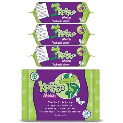 Kandoo Melon Flushable Moist Toilet Wipes, 4 x 60 Wipes (Total 240 ), Biodegradable and Plastic Free, Wet Toilet Tissues for Toddlers, Melon Scented, Multipack Kandoo Melon Flushable Moist Toilet Wipes, 4 x 60 Wipes (Total 240 ), Biodegradable and Plastic Free, Wet Toilet Tissues for Toddlers, Melon Scented, Multipack