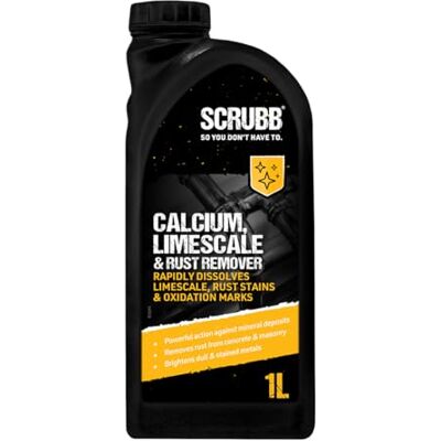 SCRUBB Calcium, Limescale & Rust Remover, Rust Stain Remover, Oxidation Mark Remover, Limescale Dissolver, Metal Brightener, Multi-Purpose, Rust Inhibitor, 1Ltr SCRUBB Calcium, Limescale & Rust Remover, Rust Stain Remover, Oxidation Mark Remover, Limescale Dissolver, Metal Brightener, Multi-Purpose, Rust Inhibitor, 1Ltr