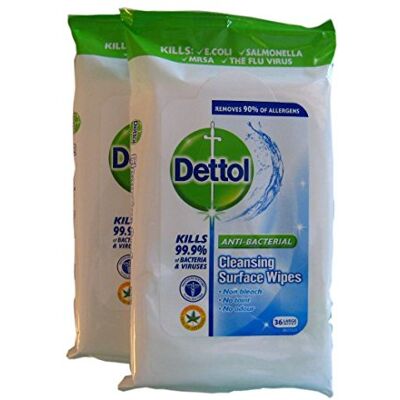 Dettol Anti-Bacterial Cleansing Surface Wipes 2X Packs of 36 Large Wipes Dettol Anti-Bacterial Cleansing Surface Wipes 2X Packs of 36 Large Wipes