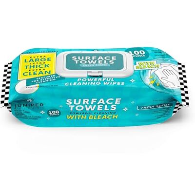 Juniper CLEAN Single Surface Wipes with Bleach, Thick & Large Dispose, All-Purpose Cleaner for Bathroom, Kitchen, Office, 100 Count Soft Flow, Biodegradable, Fresh Scent Juniper CLEAN Single Surface Wipes with Bleach, Thick & Large Dispose, All-Purpose Cleaner for Bathroom, Kitchen, Office, 100 Count Soft Flow, Biodegradable, Fresh Scent