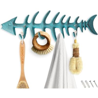 Comfify Decorative Fish Bones Wall Mount Towel Rack Stylish Cast Iron Hanger w/ 4 “Fish” Hooks Includes Screws and Anchors Fish Bones Towel Hanger Teal Blue Comfify Decorative Fish Bones Wall Mount Towel Rack Stylish Cast Iron Hanger w/ 4 “Fish” Hooks Includes Screws and Anchors Fish Bones Towel Hanger Teal Blue