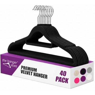 The Hanger Store 40 Pack Velvet Non-Slip Coat Hangers for Clothes, Black Velvet Space Saving Hanger with Trouser Hanger Bar, Non-Slip Velvet Coating and a Chrome Swivel Hook The Hanger Store 40 Pack Velvet Non-Slip Coat Hangers for Clothes, Black Velvet Space Saving Hanger with Trouser Hanger Bar, Non-Slip Velvet Coating and a Chrome Swivel Hook