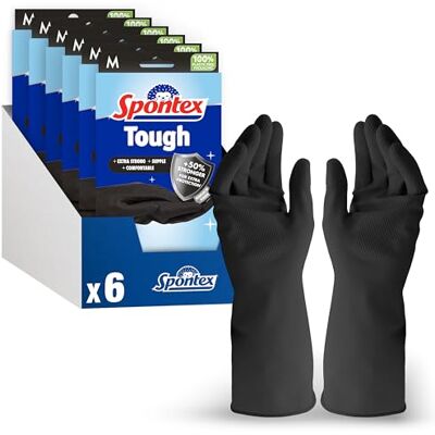 Spontex Tough Reusable Rubber Gloves Value Pack Medium Size +50% Stronger for Extra Protection Non-Slip Grip 6 Pairs Spontex Tough Reusable Rubber Gloves Value Pack Medium Size +50% Stronger for Extra Protection Non-Slip Grip 6 Pairs