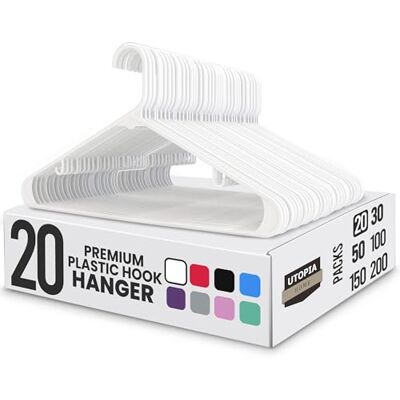 Utopia Home Plastic Hangers 20 Pack Clothes Hanger with Hooks Durable & Space Saving (White) Utopia Home Plastic Hangers 20 Pack Clothes Hanger with Hooks Durable & Space Saving (White)