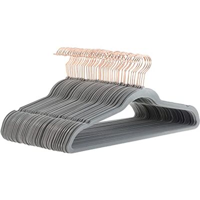 Amazon Basics Slim Velvet, Non-Slip Suit Clothes Hangers, Pack of 50, Grey/Rose Gold Amazon Basics Slim Velvet, Non-Slip Suit Clothes Hangers, Pack of 50, Grey/Rose Gold