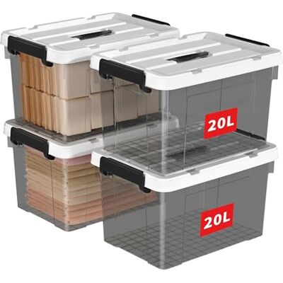 Cetomo 20L*4 Storage Boxes, Carry Plastic Storage Box with Lids, Organizing Container with Handle and Secure Latching Buckles, Stackable, Nestable, Tote Bin for Home Clothes, 20L-4Pack, Clear Black Cetomo 20L*4 Storage Boxes, Carry Plastic Storage Box with Lids, Organizing Container with Handle and Secure Latching Buckles, Stackable, Nestable, Tote Bin for Home Clothes, 20L-4Pack, Clear Black