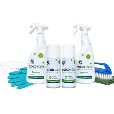 Mould Solve First Response Box Complete Mould Treatment and Saftey Kit. Includes: 2 × 750ml Mould Cleaner & Eradicator Sprays, 2 × Air Sanitiser Aerosols, FFP3 Mask, Gloves, Brush & Cloth. Mould Solve First Response Box Complete Mould Treatment and Saftey Kit. Includes: 2 × 750ml Mould Cleaner & Eradicator Sprays, 2 × Air Sanitiser Aerosols, FFP3 Mask, Gloves, Brush & Cloth.