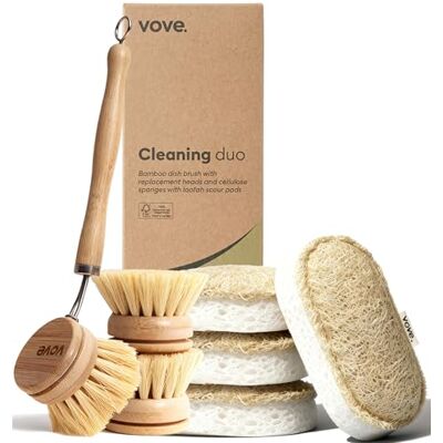 Vove Cleaning Duo, Bamboo Washing Up Brush and Natural Sponges FSC-certified bamboo, sisal, loofah and cellulose, plastic-free, zero-waste kitchen scrubber set Vove Cleaning Duo, Bamboo Washing Up Brush and Natural Sponges FSC-certified bamboo, sisal, loofah and cellulose, plastic-free, zero-waste kitchen scrubber set