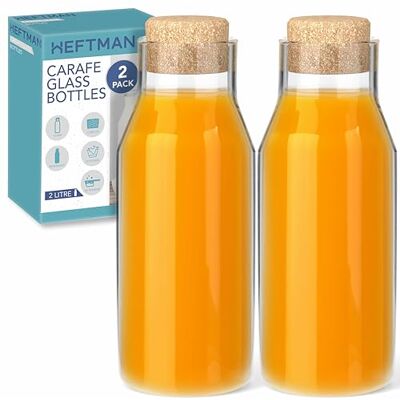 HEFTMAN Carafe Glass Bottle 2 Litre (2 Pack) Glass Bottles with Cork Lid Clear Water Carafe for Hot & Cold Beverages, Reusable Fabric Softener Jars, Laundry Detergent Storage Bottle with Stopper HEFTMAN Carafe Glass Bottle 2 Litre (2 Pack) Glass Bottles with Cork Lid Clear Water Carafe for Hot & Cold Beverages, Reusable Fabric Softener Jars, Laundry Detergent Storage Bottle with Stopper