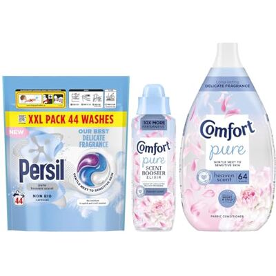 Comfort Pure Heaven Scent Complete Laundry Trio – Fabric Conditioner (64 Wash), Scent Booster Elixir (460ml), Persil Capsules(44Wash), Long-Lasting Fragrance, Gentle & Fresh Laundry Care Comfort Pure Heaven Scent Complete Laundry Trio – Fabric Conditioner (64 Wash), Scent Booster Elixir (460ml), Persil Capsules(44Wash), Long-Lasting Fragrance, Gentle & Fresh Laundry Care