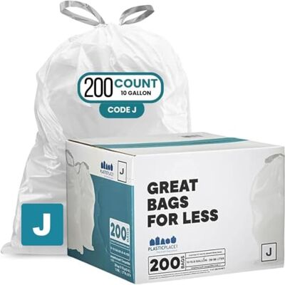 Plasticplace Custom Fit Bin Bags Compatible with Code J, White Drawstring Bin Liners, 10-10.5 Gallon / 38-40 Liters, 21" x 28", Tear-Resistant 1.2 Mil, 200 Count (Pack of 1) Plasticplace Custom Fit Bin Bags Compatible with Code J, White Drawstring Bin Liners, 10-10.5 Gallon / 38-40 Liters, 21" x 28", Tear-Resistant 1.2 Mil, 200 Count (Pack of 1)
