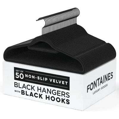 FONTAINES LUXURY GOODS Fontaines Luxury Black/Black Velvet Non-Slip Clothes Hangers Pack of 50 Ultra Slim & Space Saving Heavy Duty with 360 Degree Black Swivel Hook for Clothing, Suit, Top, (Black/Black) FONTAINES LUXURY GOODS Fontaines Luxury Black/Black Velvet Non-Slip Clothes Hangers Pack of 50 Ultra Slim & Space Saving Heavy Duty with 360 Degree Black Swivel Hook for Clothing, Suit, Top, (Black/Black)