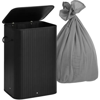 Relaxdays Laundry Basket with Lid, 2 Compartments, Bamboo, Foldable, 105L, 63x52x32cm, Black Relaxdays Laundry Basket with Lid, 2 Compartments, Bamboo, Foldable, 105L, 63x52x32cm, Black