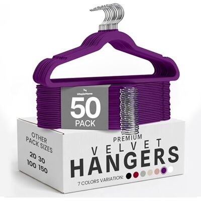 Utopia Home Velvet Hangers 50 Pack Non-Slip Suit & Coat Hangers with 360° Rotatable Hook Purple & Heavy Duty Utopia Home Velvet Hangers 50 Pack Non-Slip Suit & Coat Hangers with 360° Rotatable Hook Purple & Heavy Duty