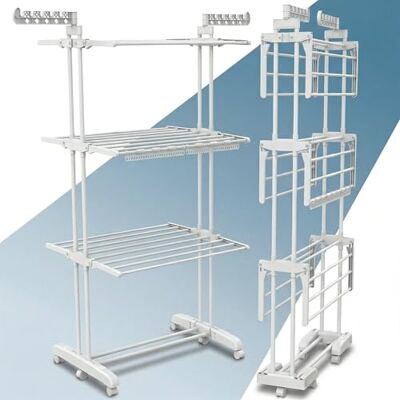 PORTENTUM Clothes airer drying rack with 4 tiers and 24 drying bars – Up to 40 kg – Horse-style dryer with 2 sock holders and 2 side wings for hangers – Swivel wheels with brake PORTENTUM Clothes airer drying rack with 4 tiers and 24 drying bars – Up to 40 kg – Horse-style dryer with 2 sock holders and 2 side wings for hangers – Swivel wheels with brake