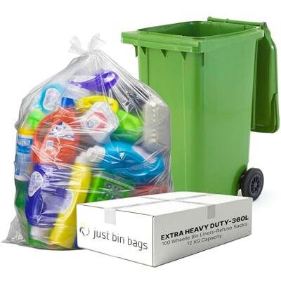 Just Bin Bags Ltd Just Bin Bags 100 x 360L Clear Wheelie Bin Liners 30 Micron Extra Heavy-Duty, For Recycling, Waste Auditing & Commercial Use Just Bin Bags Ltd Just Bin Bags 100 x 360L Clear Wheelie Bin Liners 30 Micron Extra Heavy-Duty, For Recycling, Waste Auditing & Commercial Use